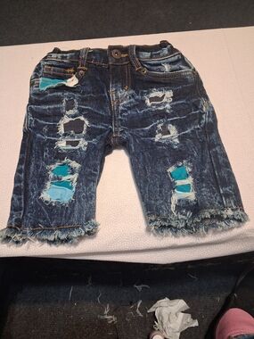 Kids Distressed Denim Shorts with Turquoise Patch Accents